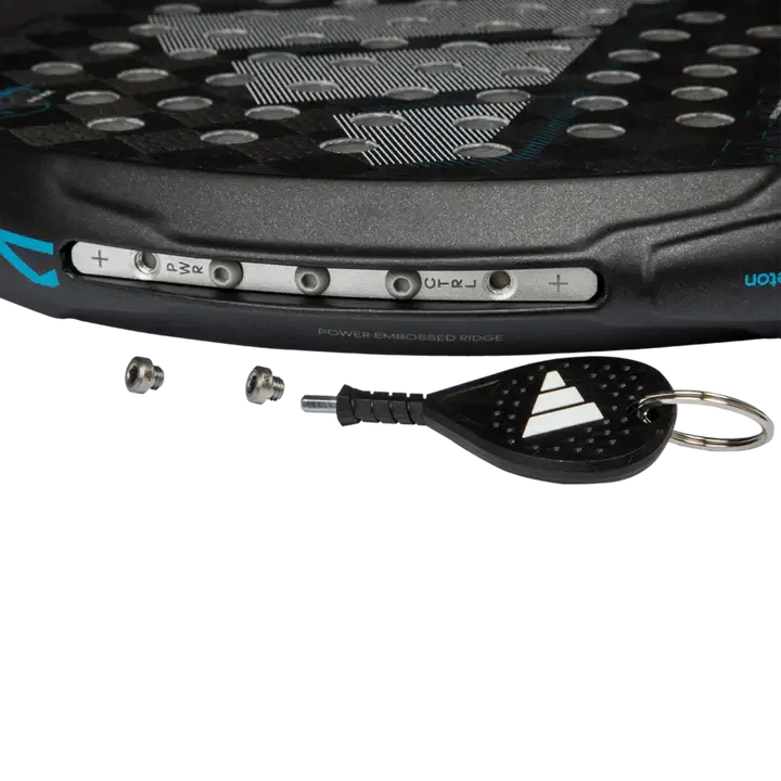 A image of adidas adipower multiweight ctrl 3.4 racket and the accessories for changing the weight of the racket.