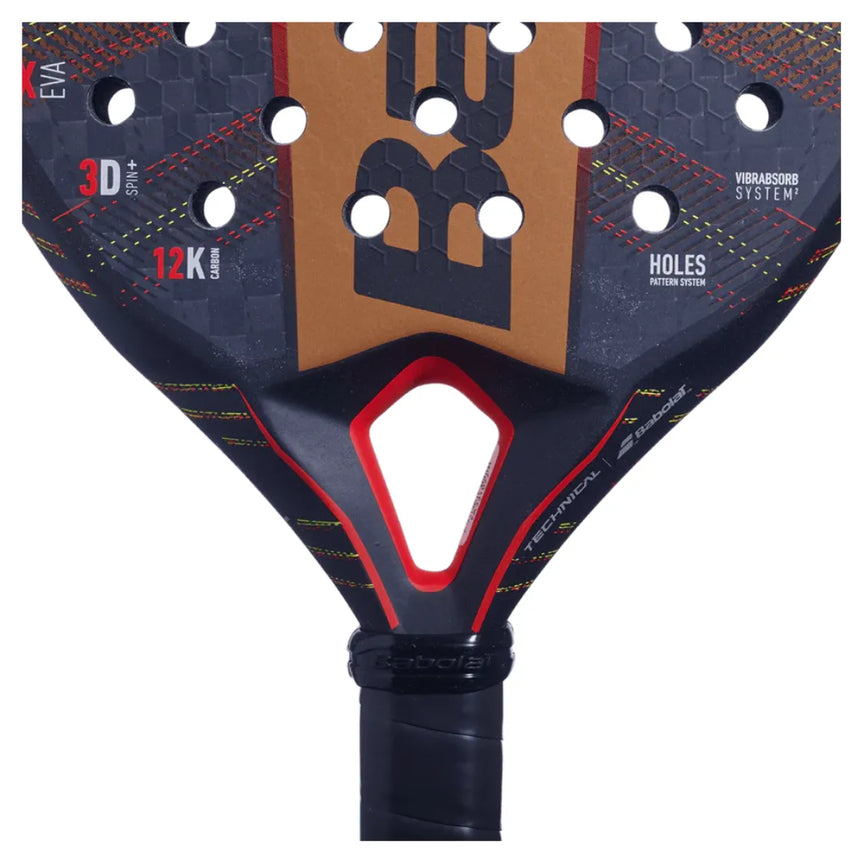 Close-up of the Babolat Technical Viper 2024 Padel Racket in black and dark orange, featuring honeycomb patterns, round holes for explosive power, 3D Spin, 12K Carbon, and Vibrasorb System text. Black grip tape wraps the handle for precision & comfort. Like new condition.