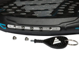 A image of adidas adipower multiweight ctrl 3.4 racket and the accessories for changing the weight of the racket. 