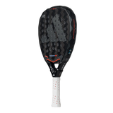 The Adidas Metalbone HRD+ 3.4 Ale Galan 2025 padel racket, designed for offensive play, has a black and gray honeycomb-patterned face with red accents, a white grip, and small blue decorative elements on the frame. The brand logo is prominent for easy customization.