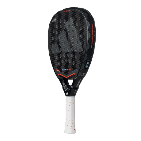 The Adidas Metalbone HRD+ 3.4 Ale Galan 2025 padel racket, designed for offensive play, has a black and gray honeycomb-patterned face with red accents, a white grip, and small blue decorative elements on the frame. The brand logo is prominent for easy customization.