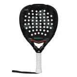 The Adidas Metalbone HRD+ 3.4 Ale Galan 2025 padel racket features a perforated black surface with red accents. Tailored for offensive play, its handle includes a white grip with red dots, allowing match customization.