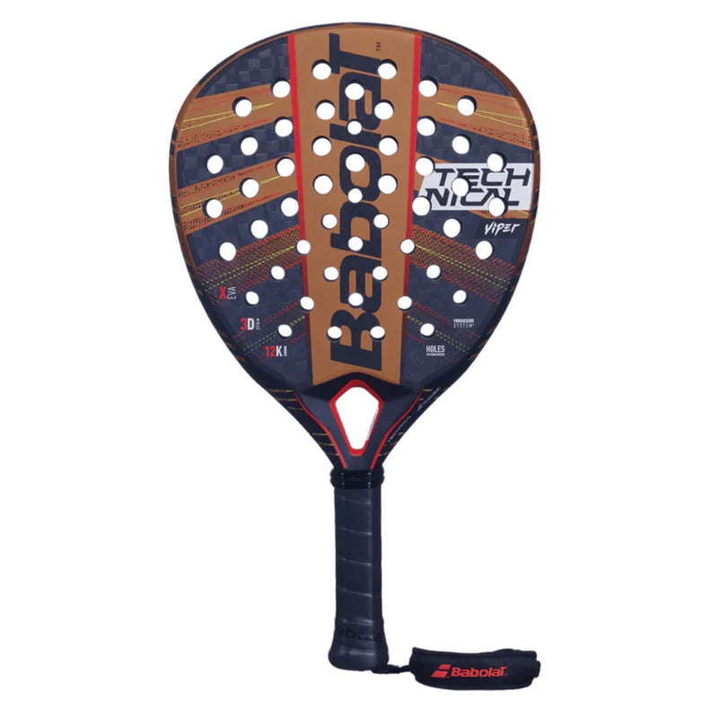 The Babolat Technical Viper 2024 Padel Racket in black and dark orange delivers explosive power with precision and comfort. Featuring circular holes, a Technical Viper label, and a black handle with a wrist strap, this racket is designed for peak performance.