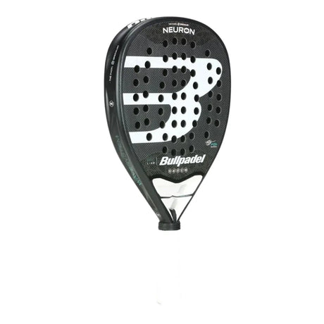 The BullPadel 2024 Fede Chingotto Neuron racket, in black and white, highlights the brand logo on its perforated surface. It boasts a sleek design and includes a Hesacore grip handle for enhanced comfort and control.