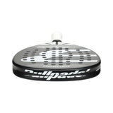 Close-up view of the BullPadel Padel Racket Neuron 2024 Fede Chingotto, featuring a black and white design with perforations and rounded edges. It has a light grip on the handle, Vibradrive for comfort, and is built with Xtend Carbon 3K for enhanced performance.