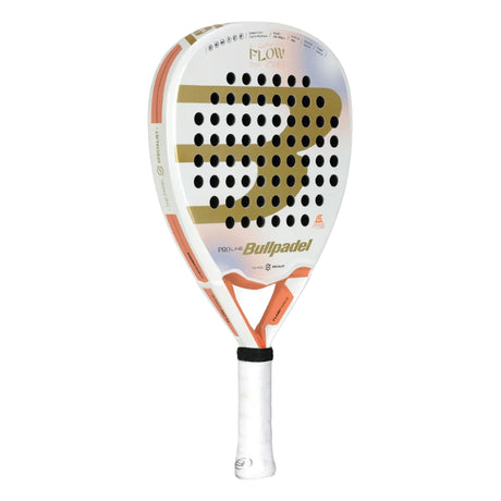 The Bullpadel Racket Flow W 2024 Alejandra Salazar features a white and orange design with a large gold B logo and the brand name BullPadel. It includes a perforated face made from Fibrix hybrid fiber and is complemented by a white grip handle for improved gameplay.