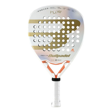 Image of a BullPadel Racket Flow W 2024 Alejandra Salazar, showcasing a white and gold design with round perforations. It features a black handle with an orange and white grip, equipped with FlowForce core technology for enhanced performance.