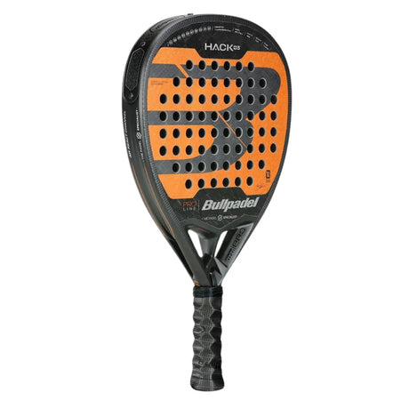 The BullPadel Racket Hack 03 2024 Paquito Navarro, in black and orange, features the Air React Channel system for enhanced control and has a perforated teardrop surface with a branded grip. Ideal for advanced players like Paquito Navarro.