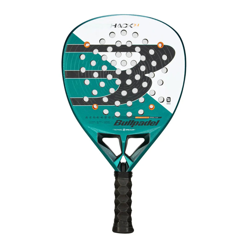 The BULLPADEL RACKET HACK 04 2025 by Padel Smash Academy showcases a sleek teal and white design with black stripes and perforations, Total Channel technology, a black grip handle, and Bullpadel on the face.