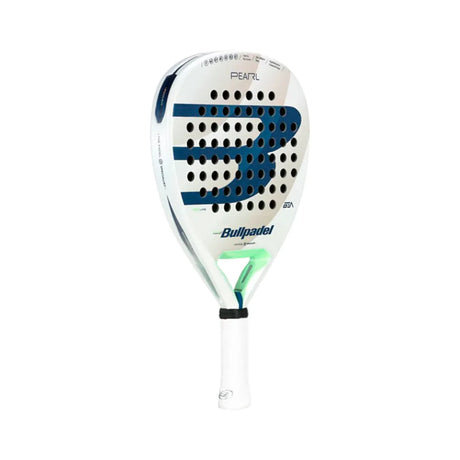 The Bullpadel Racket Pearl 2024 Bea González features a large blue B logo on its white face, enhanced by AIR REACT CHANNEL. It has circular holes, a white handle with a black end cap, and Bullpadel printed on it.