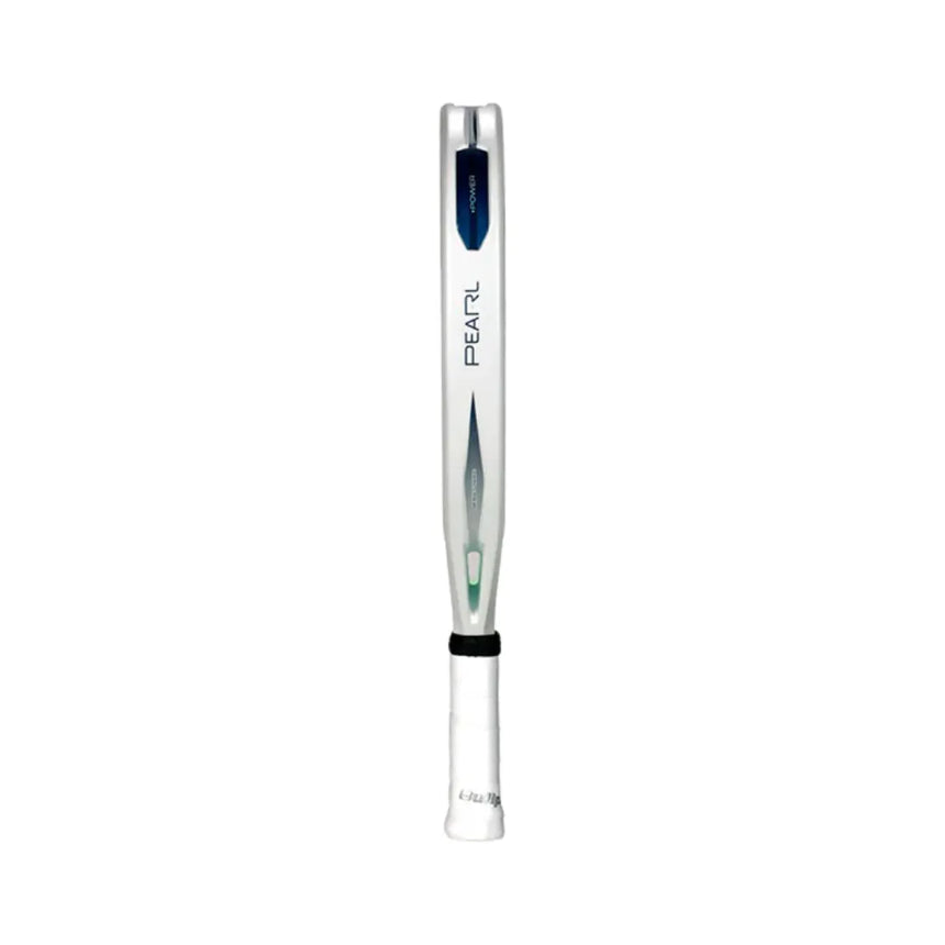 A white BullPadel baseball bat stands vertically, showcasing the brand name in blue. Its handle, wrapped in white, features black accents at both ends and a metallic tip.