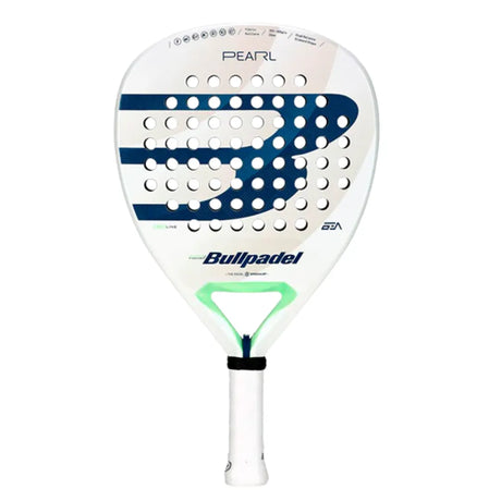 The Bullpadel Racket Pearl 2024 Bea González, inspired by Bea Gonzálezs style, showcases a white and blue design with big perforated holes and a Pearl model name. It features a white grip, the B logo on its face, and uses TRINAMIC technology for enhanced performance.