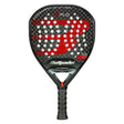 The BULLPADEL RACKET XPLO 2025 MARTÍN DI NENNO, available at Padel Smash Academy, features a sleek black and red design with a geometric pattern, circular holes, the B logo, and the Bullpadel brand. Its textured handle ensures optimal grip.