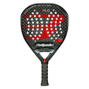 The BULLPADEL RACKET XPLO 2025 MARTÍN DI NENNO, available at Padel Smash Academy, features a sleek black and red design with a geometric pattern, circular holes, the B logo, and the Bullpadel brand. Its textured handle ensures optimal grip.