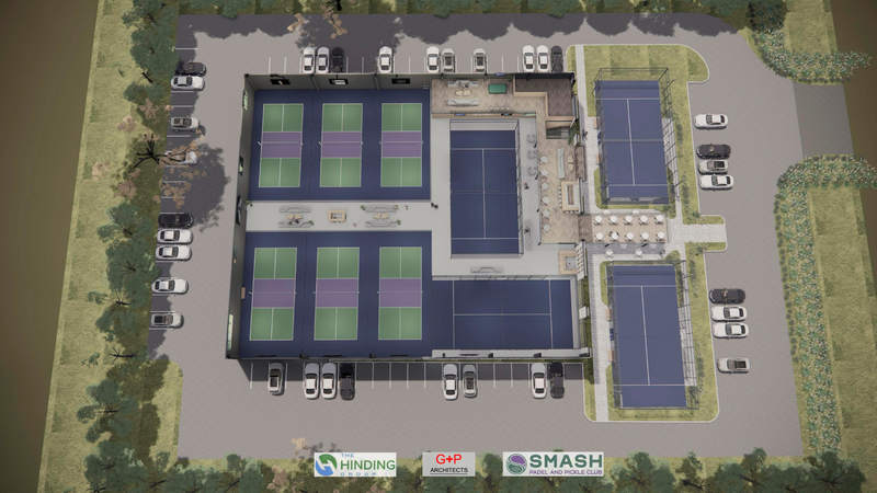 Aerial view of a tennis facility with multiple indoor and outdoor purple courts, surrounded by parking lots and trees. Logos at the bottom for Hinding Tennis, G+P Architects, and Smash Paddle and Pickle Club.