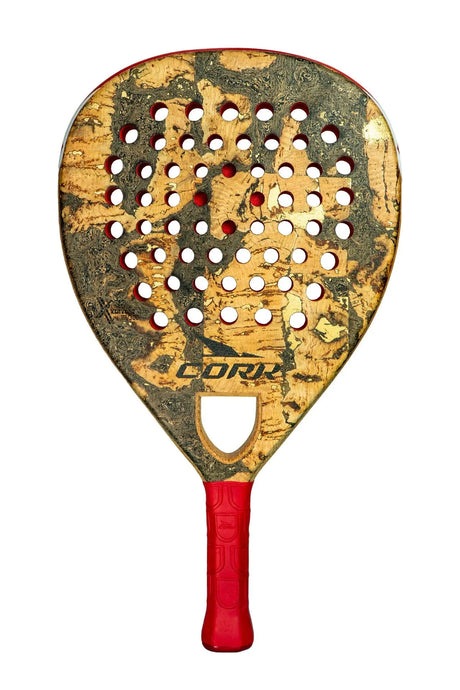 The Cork Padel Extreme Red by Cork Padel is a limited edition racket with a red grip and a camouflage-like patterned surface. It has symmetrically arranged circular holes in shades of brown and black, utilizing cutting-edge technology for an enhanced playing experience.