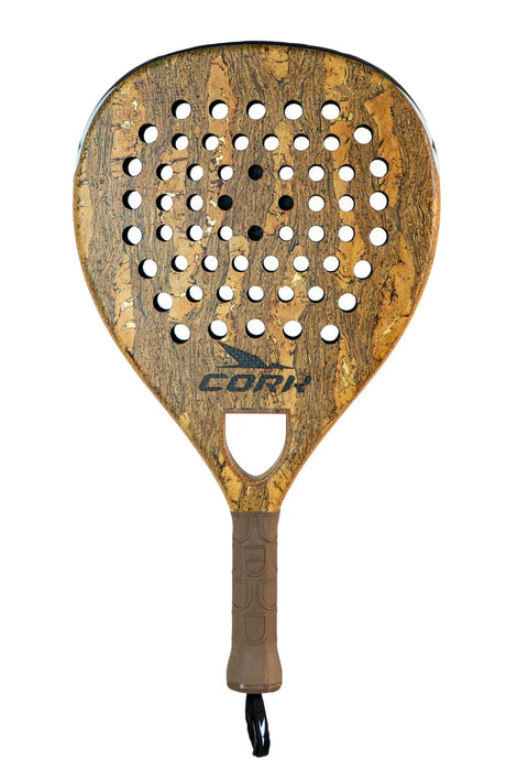 The Cork Padel Premium Hybrid III Racket features a wood-like design with a Multi-Diameter Hole Pattern, a textured light brown handle with black wrist strap, and an Advanced Anti-Vibration Cap. The brand logo is prominently displayed on the rackets face.