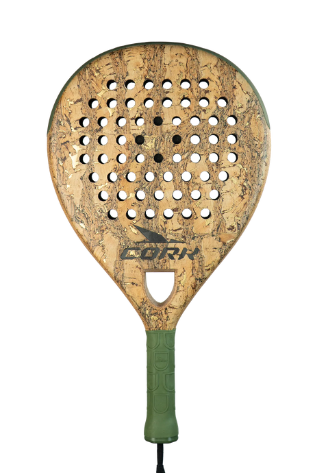 The Cork Padel Supreme Control III is ideal for defensive advanced players, featuring a cork surface with circular perforations and a distinctive green handle.