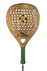 Introducing the Cork Padel Supreme Power III Racket: a cork-patterned padel racket with a light brown, textured surface and black grip. Crafted for offensive players with high carbon composition, it features multiple circular holes and a centered black logo. The handle includes a wrist strap.