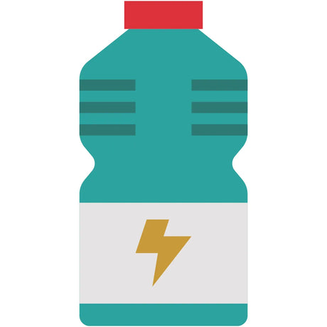 Illustration of a teal and white plastic Gatorade bottle by Padel Smash, featuring a red cap, horizontal teal stripes, and a yellow lightning bolt on the white section, suggesting an energy or sports beverage.