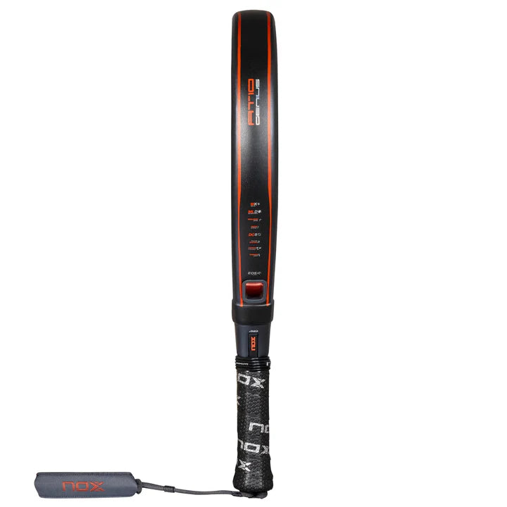 The Nox Padel Racket AT10 Genius 18K Alum 2025 by Agustin Tapia combines a black frame with red accents featuring Exclusive Spin Technology. Made from 18K Carbon Alum, this stylish NOX racket has a visible string pattern and detachable wrist strap to enhance performance.