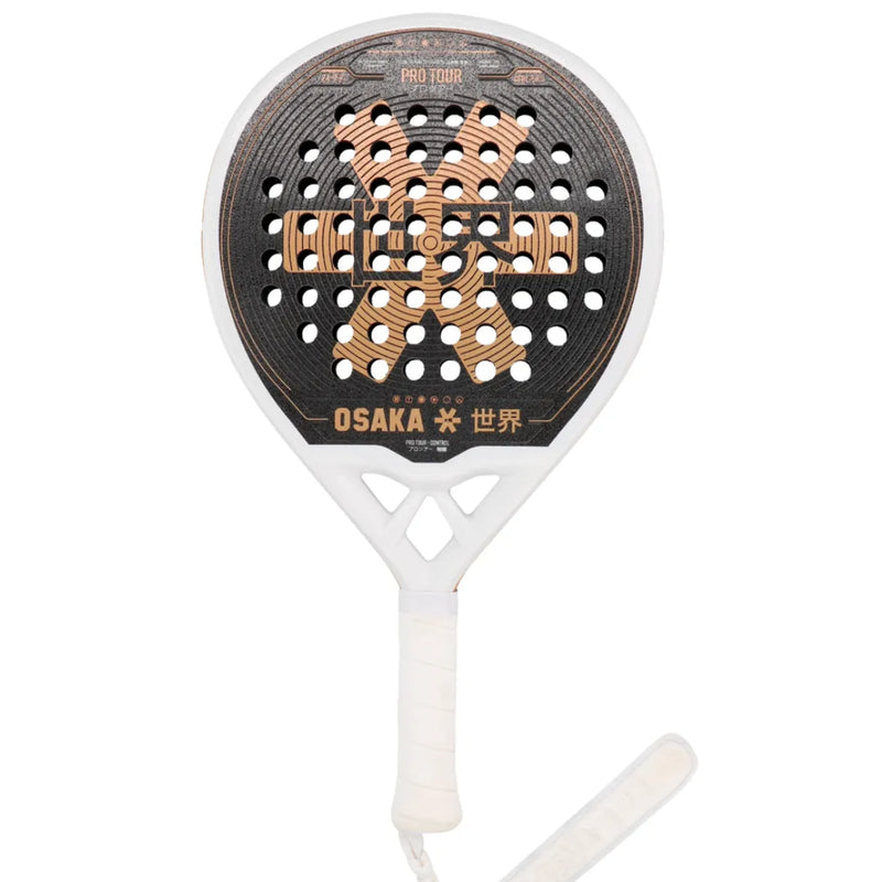 The Osaka Padel Racket Pro Tour Control 2024 (Like New) features a black and brown circular design with center perforations, enhanced by 18K Textreme Carbon for superior performance. It has a white handle with a matching wrist strap, and OSAKA plus other text on the face for a sleek finish.