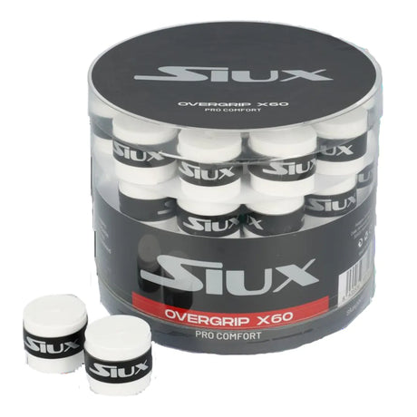 A transparent container shows the Siux Pro Comfort X60 overgrips for tennis and padel rackets, featuring a black and white design. Two grips are displayed prominently, showcasing the Siux branding and delivering superior touch and control on the court.