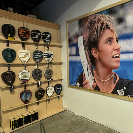 The wall-mounted rack showcases vibrant Padel Smash rackets, with a close-up poster of an action player. Below, a sign and several cans promote our Padel Racket Rental (Per-Player) service.