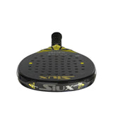 Front view of the sleek black Siux Padel Racket Electra Pro ST3 2024 Franco Stupa with striking yellow accents, endorsed by Franco Stupaczuk; features a grid of small holes, a textured black grip, and bold Siux branding in yellow and gray.