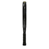 The black baseball bat, akin to the Siux Electra Pro ST3 2024 Franco Stupa Padel Racket, features a textured grip and sleek design with yellow accents at the top, standing upright against a plain white background.