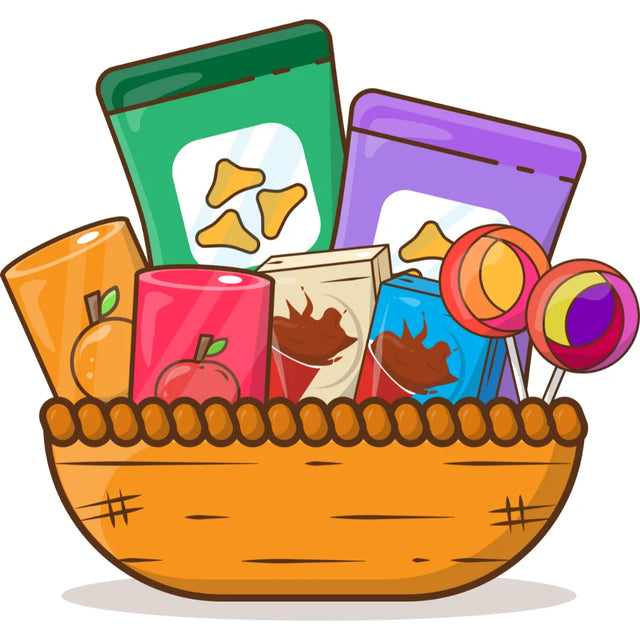 An illustration shows a basket full of colorful snack packages from Padel Smash, featuring chips, two chocolate bars, and two lollipops. It also contains two cans with fruit designs, one displaying an orange and the other an apple.