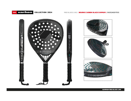 The 2024 VARLION BOURNE SUMMUM CARBON BLACK padel racket collection showcases innovative Aerodynamic Drilling technology and a bidirectional carbon tubular frame. Enjoy precise craftsmanship, unique logos, and stunning close-up views from every angle.