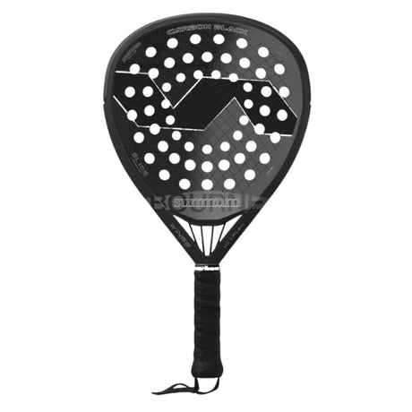 The VARLION BOURNE SUMMUM CARBON BLACK is a black padel racket with Aerodynamic Drilling technology for improved control. It features a geometric design, perforated surface, and a bidirectional carbon tubular frame. The grip has black tape and includes a wrist strap on the handle.