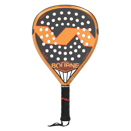 The VARLION BOURNE SUMMUM PRISMA SOFT, an orange and black padel racket for advanced players, features a unique angular design with Aerodynamic Drilling technology. The handle has a black grip and wrist strap.