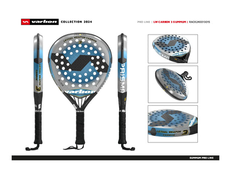 The image displays the VARLION LW PRISMA CARBON 3 padel racket from the 2024 collection, highlighting its aerodynamic drilling design in black, blue, and grey with circular holes and prominent branding on both its face and edge.