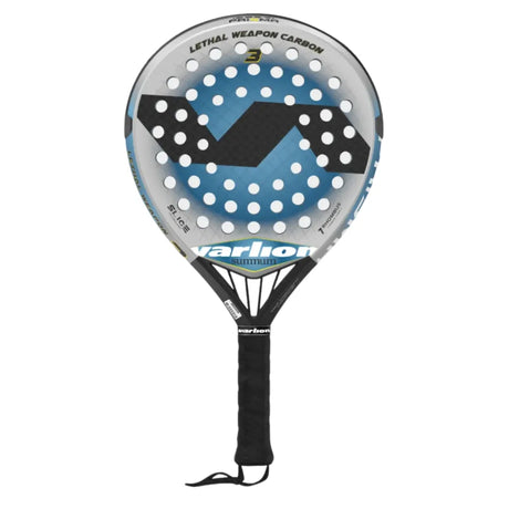 The VARLION LW PRISMA CARBON 3 padel racket showcases a triangular design in silver and black with blue accents. It features LETHAL WEAPON CARBON text, a bold 3 on top, and aerodynamic drilling for enhanced performance.