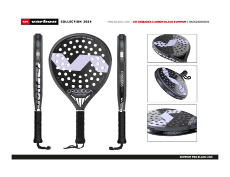 Image of the VARLION LW SUMMUM CARBON BLACK ORQUIDEA padel racket, ideal for intermediates. Features a black/white scheme with carbon fiber texture and unique logos, designed for exceptional control and precision.