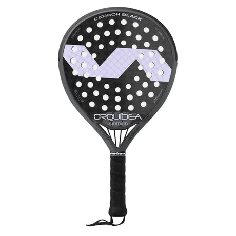 The VARLION LW SUMMUM CARBON BLACK ORQUIDEA padel racket, ideal for intermediate players, features a chic white polka-dot pattern and a light purple geometric design. Carbon Black Orquídea on the frame ensures control and accuracy, complemented by an elegant black grip.