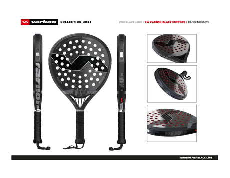 Introducing the Varlion LW Summum Carbon Black padel racket from the 2024 collection, ideal for intermediate players. This aerodynamic racket features red accents, with branding shown from various angles as LW Carbon Black Summum.