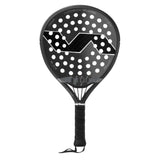 The VARLION LW SUMMUM CARBON BLACK is a sleek racket ideal for intermediate players, featuring a dotted pattern and geometric logo. It offers aerodynamic face drilling and comes with a secured wrist strap on the handle for confident play.