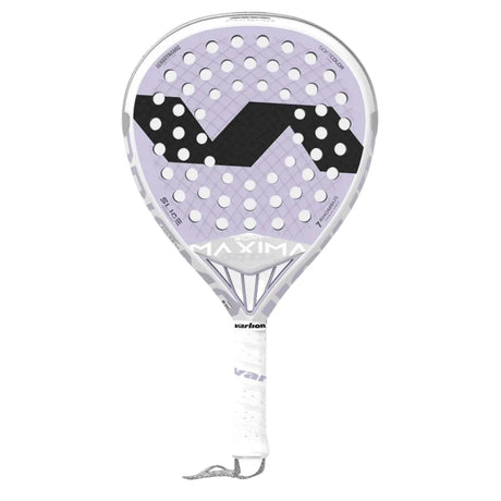 The VARLION MAXIMA SUMMUM PRISMA SOFT ORQUIDEA padel racket features an aerodynamic teardrop shape with a light purple background, striking black geometric design, white accents, and a white grip. The VARLION name adorns the neck and includes SOFTCOLOR CORE EVA technology for superior play.