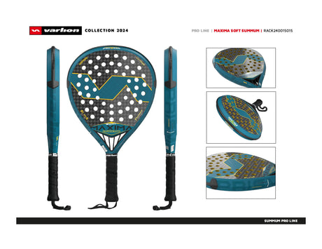 Image of the VARLION MAXIMA SUMMUM PRISMA SOFT padel racket from the 2024 collection, displaying front, side, and close-up angles. It features a teal design with a dotted pattern on the face and an aerodynamic structure enhanced by VAR-FLEX epoxy resin.