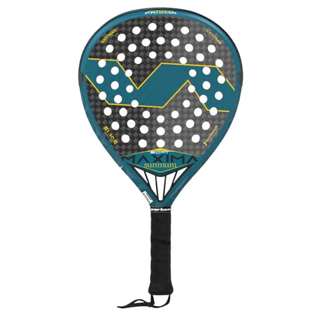 The VARLION MAXIMA SUMMUM PRISMA SOFT padel racket features a blue and black teardrop design with an aerodynamic build and hole pattern. It boasts geometric designs, brand logos, and text on its surface. Made with VAR-FLEX epoxy resin, the racket has a black handle and wrist strap for secure play.