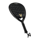 The VOLT 1000 V23 padel racket by Volt boasts a black carbon fiber diamond-shaped blade with a perforated, textured surface. Its sleek design and black handle with wrap and wrist strap enhance aerodynamics, ideal for an aggressive playing style.