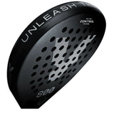 Close-up of a black VOLT 800 V4 padel racket by Volt featuring a perforated surface. The edge displays Unleash the, model details, and Control. It has advanced shock absorption, a 3K carbon structure, and a central stylized white V.