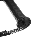 Close-up of the VOLT BOOSTERs black handle featuring a sleek wrist strap and white UNLEASH THE TENSION text, with embossed grip lettering. Elevate your Supercharger Smash Cap with Volt style and precision against a transparent backdrop.
